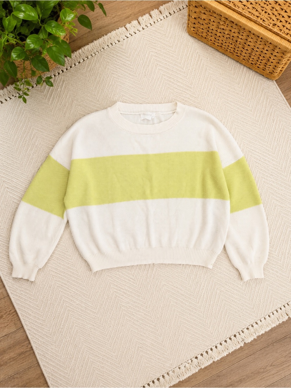 Six/Fifty Women's Crewneck Sweater in Cream with Lime Stripe Size Medium